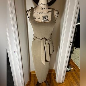 Lulus Optimistic Essence Taupe Ribbed Knit Tie-Front Midi Dress- Small NWT